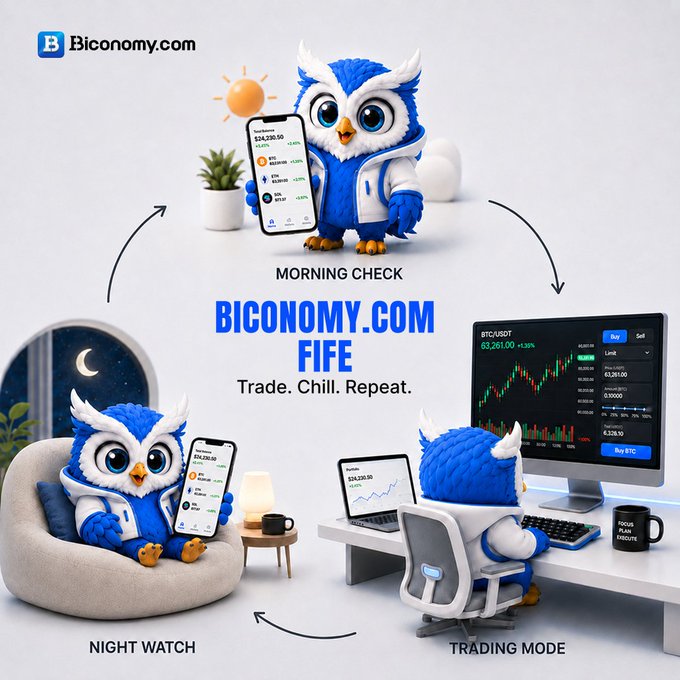 A promotional graphic for Biconomy.com features its blue owl mascot in three daily crypto trading scenarios—labeled "Morning Check," "Trading Mode," and "Night Watch"—with devices showing prices like BTC/USDT at 63,261.00 and ETH at 2,420.50, tied to the brand's slogan "Trade. Chill. Repeat."