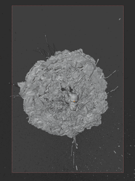 A grayscale 3D render of a textured, rocky mass with small protrusions against a dark background.