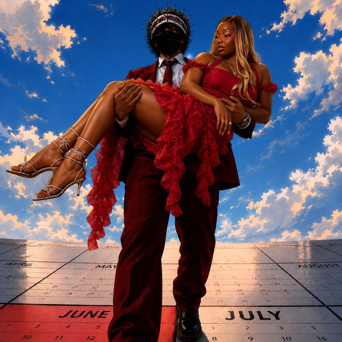 A stylized photo of a masked figure in a dark suit carrying a woman in a flowing red dress, posed dramatically against a blue cloudy sky backdrop with a calendar floor showing June and July.