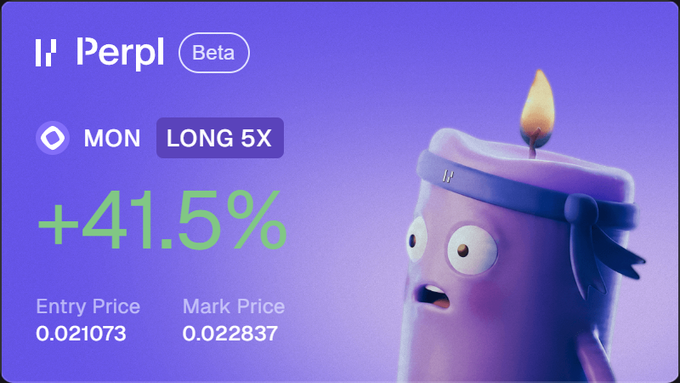 The image shows a Perpl Beta trading interface with a 5X LONG position on MON showing a +41.5% gain, with an entry price of 0.021073 and mark price of 0.022837, alongside a 3D candle mascot character. The purple-themed promotional graphic illustrates the post's scenario of profiting from a leveraged long position on MON through Perpl, capturing the celebratory "life is good" moment after making money on the trade.