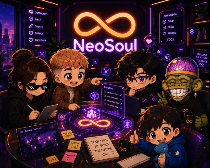 A vibrant illustration of the NeoSoul community with chibi-style characters gathered around a glowing infinity symbol logo, with mission boards displaying 'BUILD, CREATE, SUPPORT, TOGETHER' and 'BUILD, GROW, BELONG'.