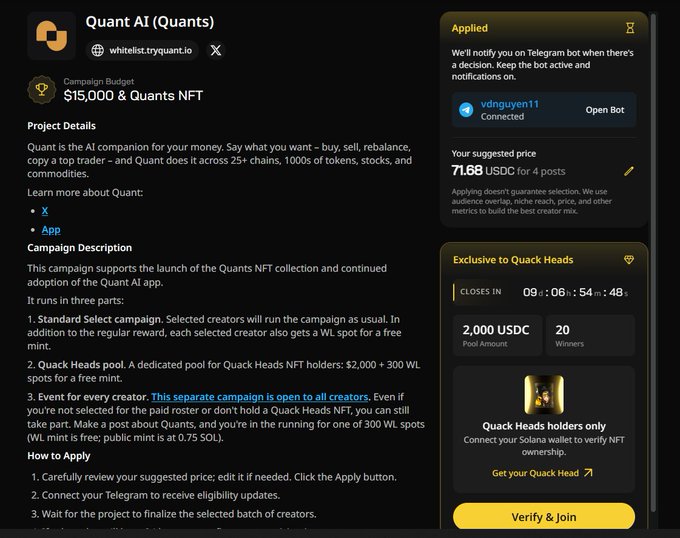 Whitelist campaign page for 'Quant AI (Quants)' at whitelist.tryquant.io offering $15,000 and Quants NFT budget, with a 2,000 USDC pool exclusive to Quack Heads NFT holders.