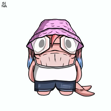 A cartoon character with a pink bucket hat, large round glasses, and blue-tipped hair, standing against a white background with a small 'SINA' watermark.