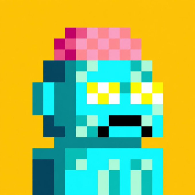 A pixel art illustration shows a cyan-colored character with a pink top and yellow-tinted glasses against a mustard yellow background.