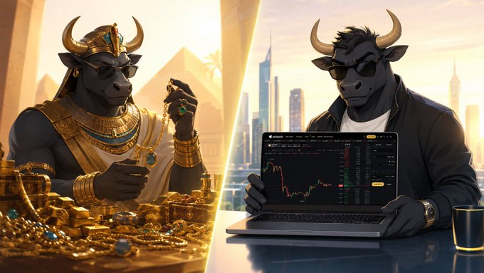 A split illustration shows a bull-headed figure as an Egyptian pharaoh adorned in gold jewelry on the left, while on the right, a modern bull-headed figure in sunglasses trades gold on a laptop displaying a candlestick chart, visually contrasting the ancient, physical form of gold with its modern digital trading representation—directly illustrating the post's question about choosing between physical or digital gold ($XAUT).