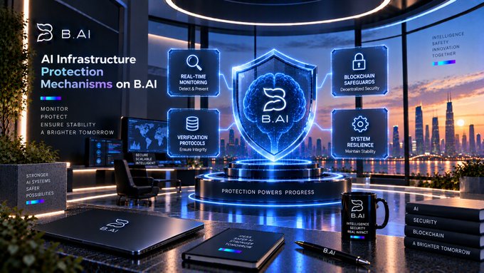 A promotional graphic for B.AI titled 'AI Infrastructure Protection Mechanisms' highlighting features like real-time monitoring, blockchain safeguards, and system resilience, displayed in a futuristic office setting with branded merchandise.