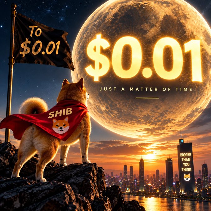 Shiba Inu crypto artwork featuring a dog wearing a 'SHIB' cape next to a flag 'To $0.01', a giant moon displaying '$0.01 JUST A MATTER OF TIME', and 'BIGGER THAN YOU THINK' text.