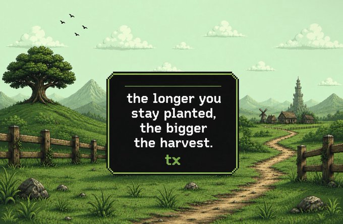 A pixel-art pasture scene with a large tree, winding dirt path, and distant castle displays the text "the longer you stay planted, the bigger the harvest. tx," visually reinforcing the post's message about how PSE rewards $TX delegators with larger monthly returns based on stake size and bonding duration.