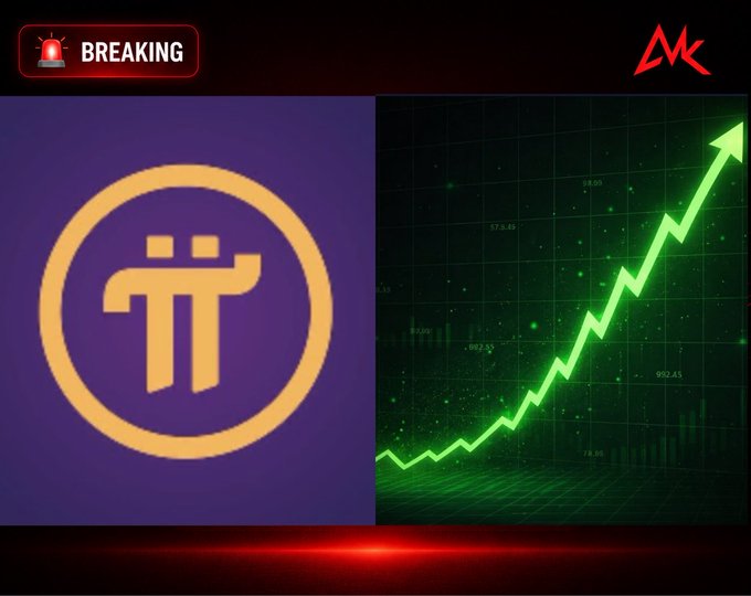 A breaking news graphic featuring the Pi cryptocurrency logo on a purple background alongside a green ascending trend chart with an upward arrow.