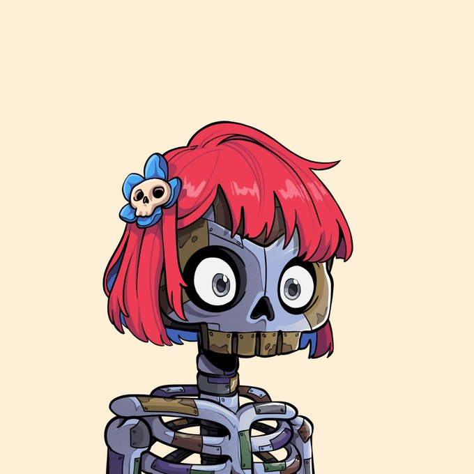 An anime-style illustration of a cyborg or robotic character with red hair adorned with a skull-and-flowers hair clip, featuring large expressive eyes and an exposed metallic ribcage.