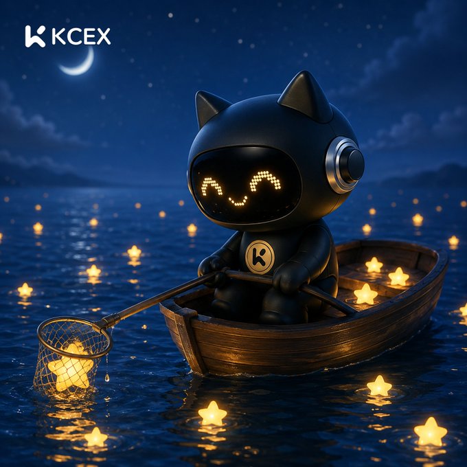 A 3D rendered black cat-like robot character with glowing yellow eyes sits in a wooden rowboat on dark water at night, using a net to scoop up glowing yellow stars, with 'KCEX' logo in the corner.