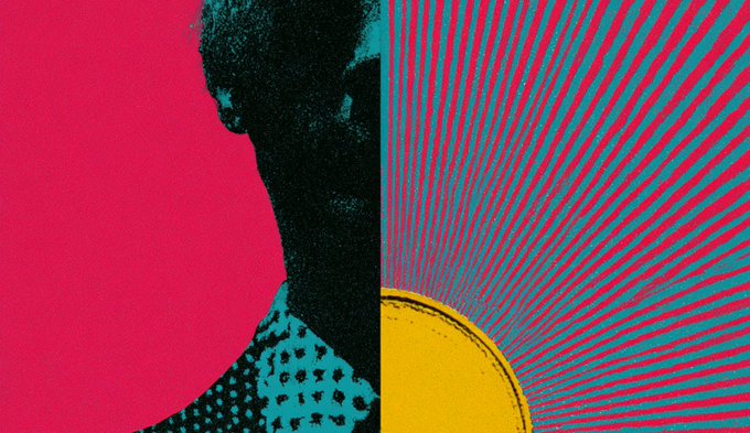 A stylized pop-art style image showing a silhouette of a person's profile on a split background of solid pink and radiating red-teal sunburst stripes.
