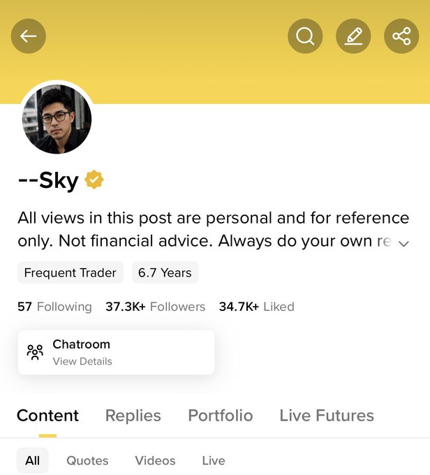 A screenshot of a user profile on a trading platform showing the username "--Sky" with a verified badge, described as a "Frequent Trader" with "6.7 Years" of experience, 37.3K+ followers, and 34.7K+ likes, with a disclaimer that views are personal and not financial advice—contextualizing the user's 6.7-year tenure shared in the Binance 9th anniversary celebration post.