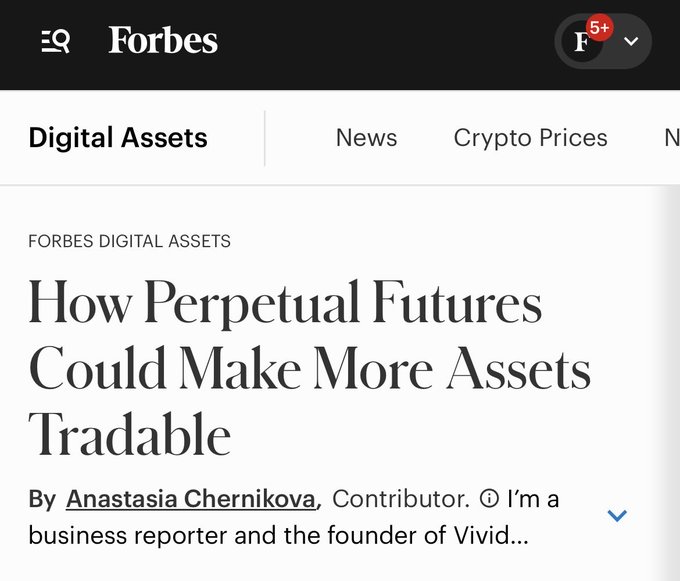 A Forbes Digital Assets article screenshot titled 'How Perpetual Futures Could Make More Assets Tradable' by contributor Anastasia Chernikova.