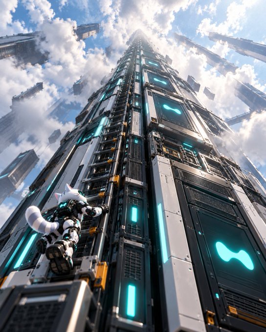 A sci-fi image showing a small robotic creature with a white tail climbing a towering futuristic skyscraper with glowing blue lights, set against a cloudy sky with floating structures.