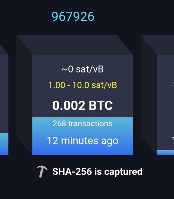A cryptocurrency block interface displaying transaction block #967926 with 0.002 BTC, 268 transactions from 12 minutes ago, fee rate ranges of ~0 to 10.0 sat/vB, and a note that 'SHA-256 is captured'.