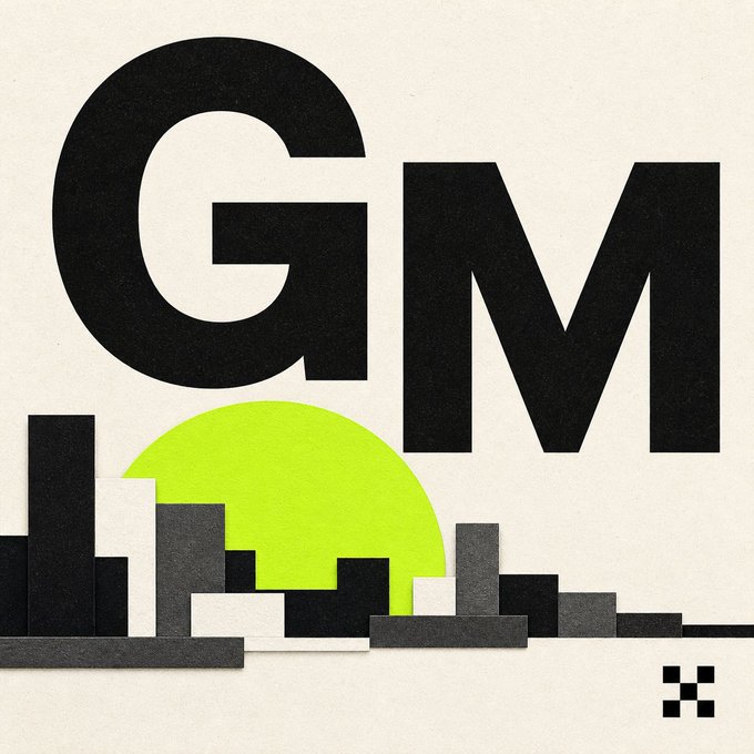 Bold black letters "GM" tower over a stylized city skyline silhouetted against a neon green sun, visually echoing the message that today's world is "starting from green" by framing the corporate initials against a vibrant, eco-tinged horizon.