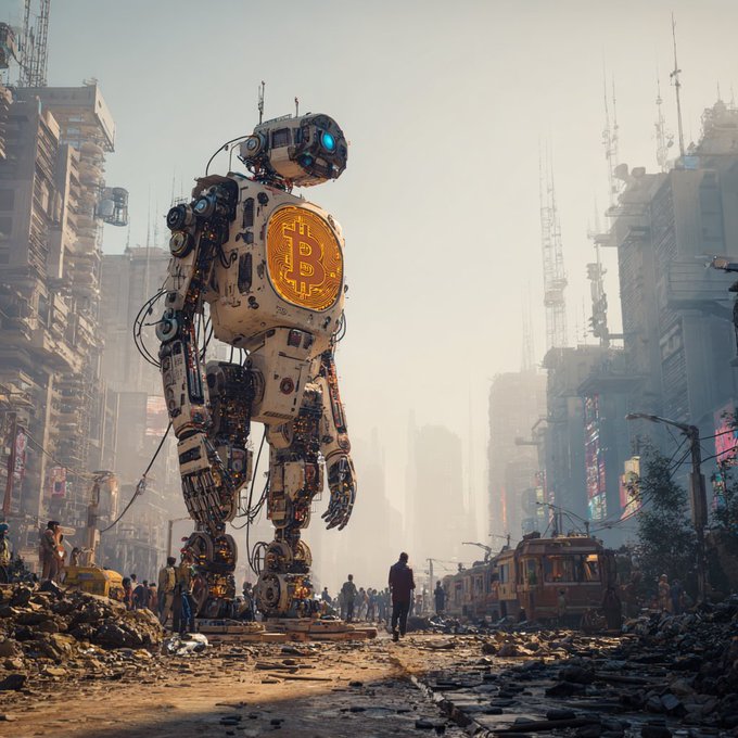 A massive humanoid robot with a glowing Bitcoin (₿) emblem on its chest towers over a desolate urban street scattered with debris, as a lone figure and small crowds gather at its feet. The scene reflects the post's triumphant tone about powering through midweek, with the Bitcoin robot symbolizing dominance and resilience in the crypto space, reinforcing the message "LFDominate."