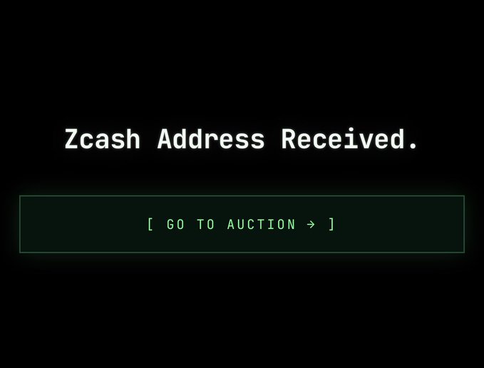 The image shows a dark screen with the white text "Zcash Address Received." and a green-outlined button reading "[ GO TO AUCTION > ]", confirming the successful submission of a Zcash address for the Snarklist blind auction claim.