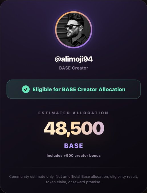 A digital card showing '@alimoji94' as a BASE Creator, eligible for BASE Creator Allocation with an estimated allocation of 48,500 BASE (including a +500 creator bonus).