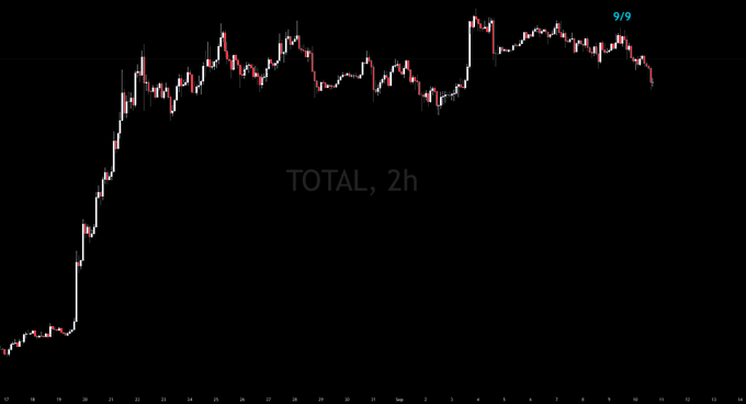 A 2-hour candlestick chart for the TOTAL cryptocurrency market cap is shown on a black background, with a small "9/9" label in the top right. The chart displays a sharp vertical spike followed by a sideways consolidation pattern before a notable drop at the far right, visually capturing the flush that the post warns could invalidate the recent rally.