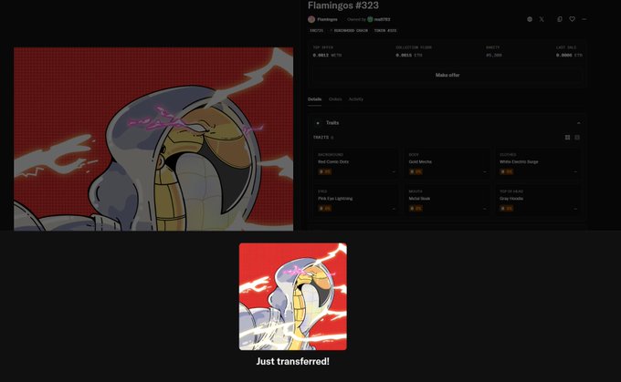 Screenshot showing a 'Flamingos #323' NFT on a marketplace with a 'Just transferred!' confirmation below, displaying traits like 'Real Comix Drive', 'Solid Wombat', and 'Midas Electric Surge'.
