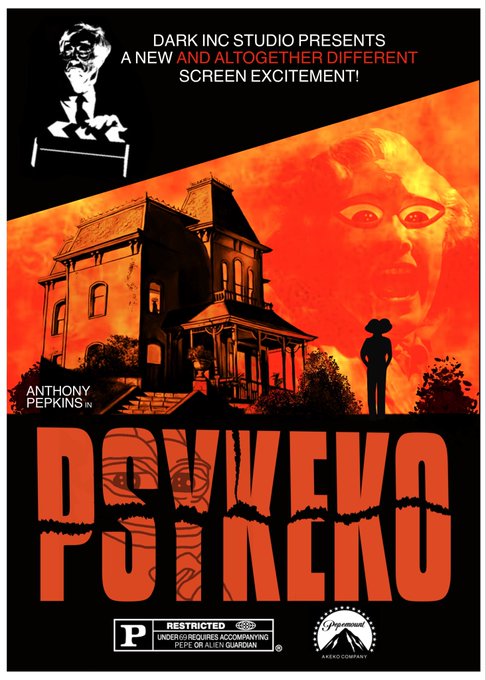 A movie poster titled 'PSYCHO' reimagined as 'PSYWIKO' with Anthony Pepkins starring, presented by Dark Inc Studio as 'A NEW AND ALTOGETHER DIFFERENT SCREEN EXCITEMENT!'.