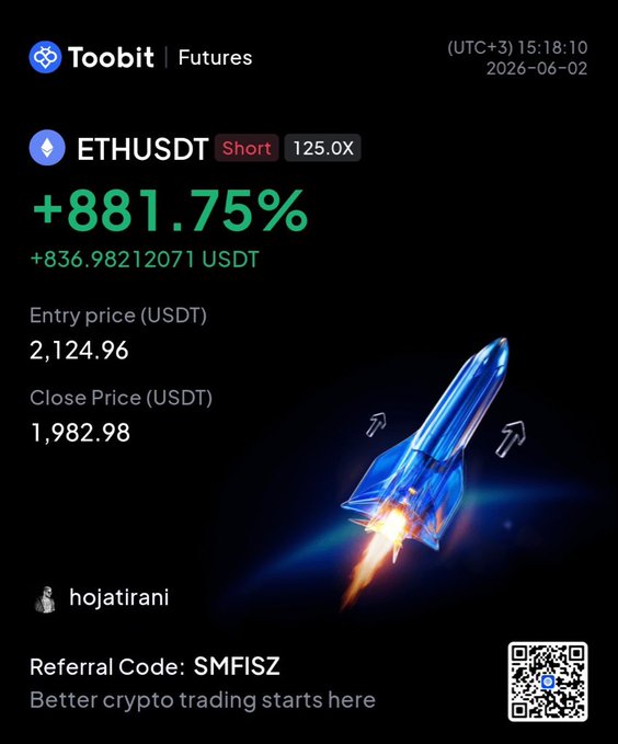 The image shows a blue rocket ship with flames coming out of its nose, flying through space against a black background. The text "ETHUSDT" appears at the top left corner of the image, while "ETHUSDT/USDT" is located in the bottom right corner. The post has a code that reads "referee code: SMIFZ". This code might be related to the trading strategy or an event happening on the cryptocurrency market.