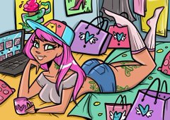 A stylized cartoon illustration shows a pink-haired girl in a baseball cap and casual outfit reclining on a bed, surrounded by colorful shopping bags and clothing, with "GRL" lettering visible in the background. The image's fashionable, playful aesthetic complements the post's affectionate description of her as one of the sweetest people in Web3.