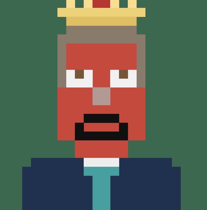 A pixel art portrait of a red-faced king wearing a gold crown and a dark blue suit with a teal tie.