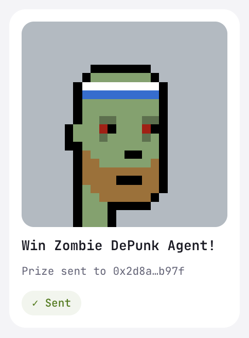 A digital interface displaying a pixel art green zombie face character, with the text 'Win Zombie DePunk Agent!' and 'Prize sent to 0x2d8a...b97f' along with a 'Sent' confirmation.