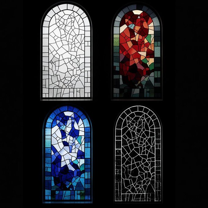 Four arched stained glass windows in different styles: clear with lead lines, red/orange/green abstract design, blue tones, and a black background with white lead lines forming an abstract pattern.