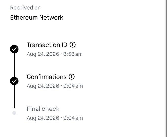 An Ethereum Network transaction receipt showing Transaction ID, Confirmations, and Final check timestamps from August 24, 2026.