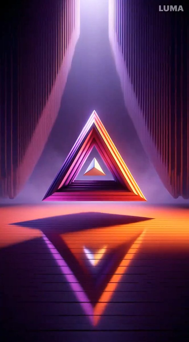 A glowing neon triangular frame floats in a misty, purple-lit corridor, casting a geometric reflection on the wooden floor; 'LUMA' appears in the top right.
