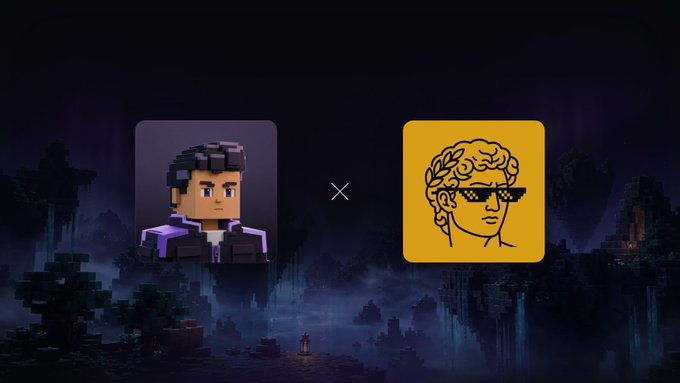 The image shows a pixel-art avatar character with dark hair in a black jacket next to a yellow logo featuring a classical Greek/Roman bust with sunglasses, separated by an "×" symbol, set against a dark fantasy landscape background with a small sailing ship — visually representing a collaboration between the Blockers avatar and AKARII for their mint partnership and GTD allocation announcement.