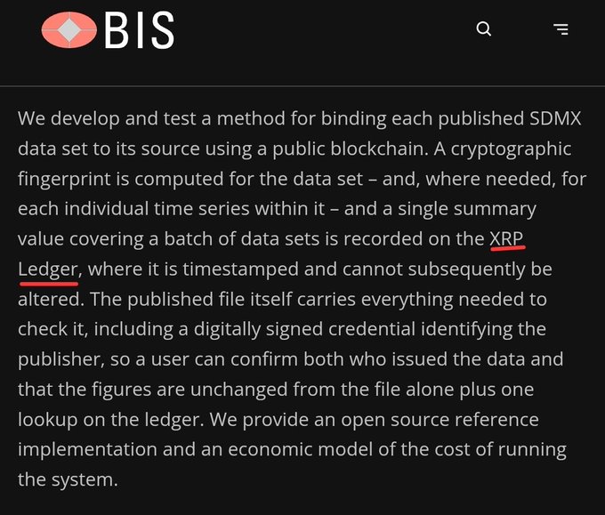 The image shows a BIS (Bank for International Settlements) announcement describing their method for binding published SDMX data sets to their source using a public blockchain, specifically the XRP Ledger, where a summary value covering batches of data sets is timestamped and made tamper-proof. This directly supports the post's claim that the BIS has tested official global data verification on the XRPL, demonstrating the ledger's growing institutional use in financial infrastructure.
