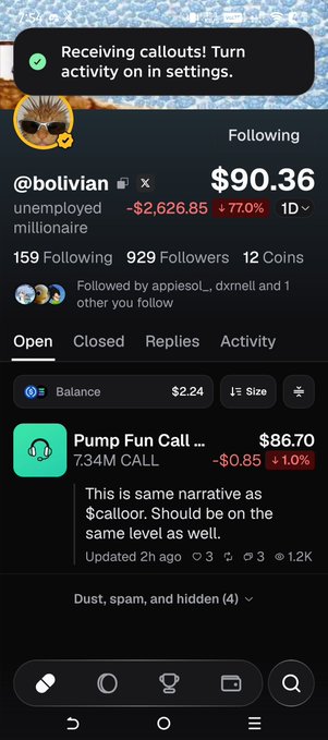 A mobile screenshot of a Polymarket profile for user @bolivian showing a P/L of -$2,626.85 (+77.0%) on a $90.36 portfolio, featuring a 'Pump Fun Call' position down $0.85.