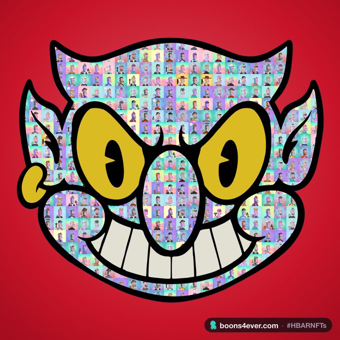 A stylized cartoon cat face with a wide grin on a red background, composed of a mosaic pattern of small portraits, labeled 'boons4ever.com • #HBARNFTs'.
