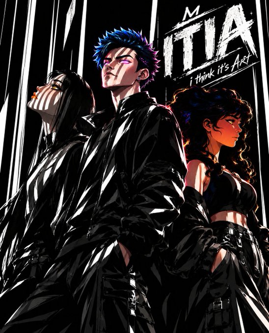 Anime-style artwork featuring three characters in dark clothing with stylized hair, including 'MITIA' text and the phrase 'i think it's Art' visible in the design.