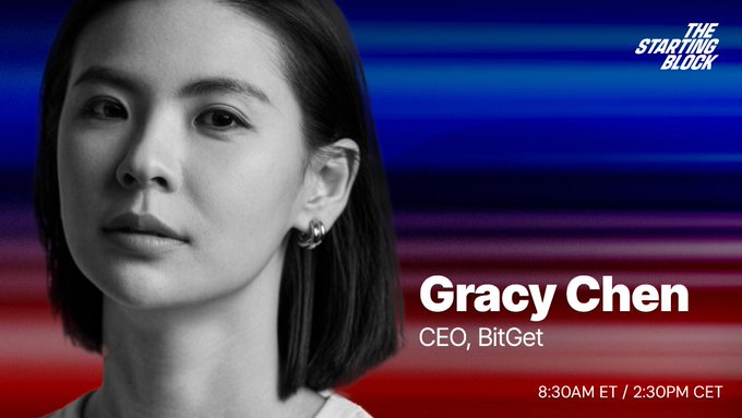 A black-and-white portrait of Bitget CEO Gracy Chen appears against a blue and red streaked background, with text reading "Gracy Chen, CEO, Bitget" and "8:30AM ET / 2:30PM CET" alongside The Starting Block logo—promoting her appearance on the Hot Seat segment to discuss her Universal Exchange Vision, Bitget's Stocks 2.0, and Agentic Trading.