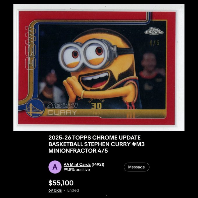 A Topps Chrome basketball trading card depicting Stephen Curry as a 'MINIONFACTOR 4/5' minion character, listed on an auction platform by AA Mint Cards for $55,100 with 69 bids (ended).