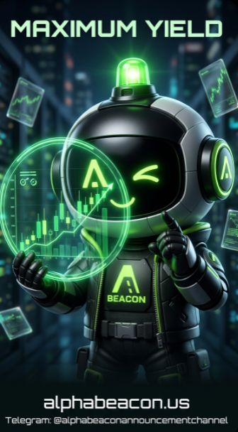 A promotional graphic for 'MAXIMUM YIELD' features an astronaut character in a helmet holding a glowing holographic chart, with links to alphabebeacon.us and a Telegram channel.