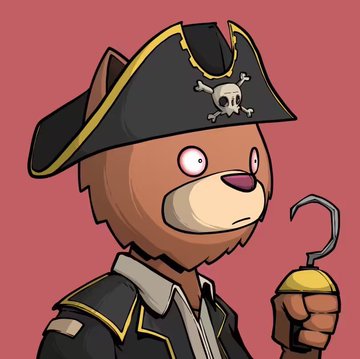 A cartoon illustration of a brown bear dressed as a pirate, wearing a hat with skull and crossbones and holding a hook.