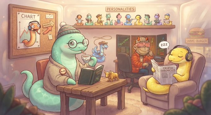 An illustrated scene of anthropomorphic sloth characters relaxing in a lounge setting; one green sloth wears a beanie and reads a book, while a yellow sloth in headphones reads "CRYPTO CHRONICLES," with labels for "CHART," "MARKET," and "PERSONALITIES" visible on the walls.