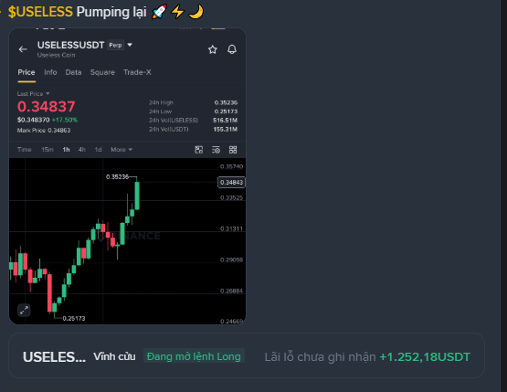 A cryptocurrency trading chart displayed on Binance showing the USELESS/USDT perpetual contract with a current price of 0.34837, up 17.50%, with green and red candlesticks and the text 'Pumping lai' at the top.
