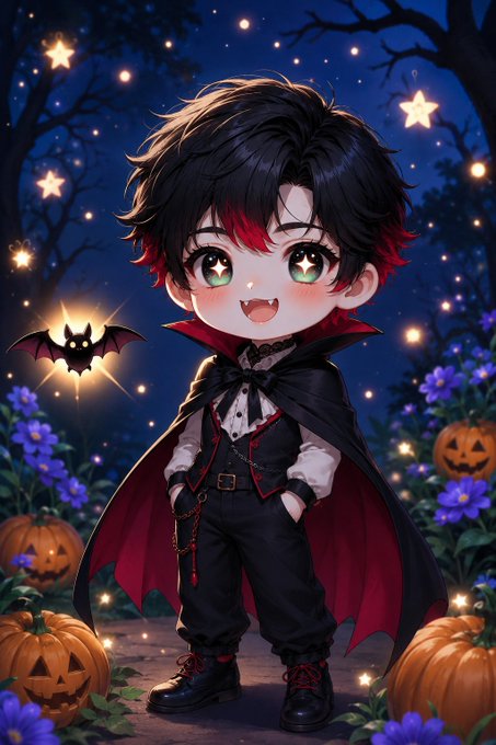 A chibi-style anime illustration of a cute vampire boy with black and red hair, fangs, and a black cape, standing in a magical forest with glowing stars, a bat, and Halloween pumpkins.