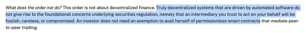 A highlighted text excerpt discussing how the order does not concern decentralized finance, noting that truly decentralized systems driven by automated software do not raise the foundational concerns underlying securities regulation.