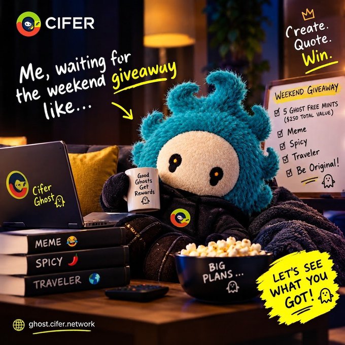 A teal-haired plush mascot wearing a "Cifer Ghost" hoodie lounges on a couch holding a "Good Ghosts Get Rewards" mug, surrounded by books labeled "MEME," "SPICY," and "TRAVELER," a popcorn bowl reading "BIG PLANS...," and a notepad listing the "WEEKEND GIVEAWAY" rules: 5 Ghost Free Mints ($250 total value), plus criteria to meme, be spicy, be a traveler, and be original. The playful scene of a character waiting eagerly for the weekend giveaway visually reinforces the post's theme of Cifer Security's creative 5 GHOST free mint challenge ($250 value).