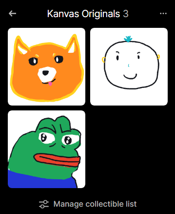 A mobile app screen titled "Kanvas Originals 3" displays three hand-drawn doodle collectibles: an orange Shiba Inu dog, a minimalist face, and a green Pepe the Frog character, with a "Manage collectible list" option at the bottom.