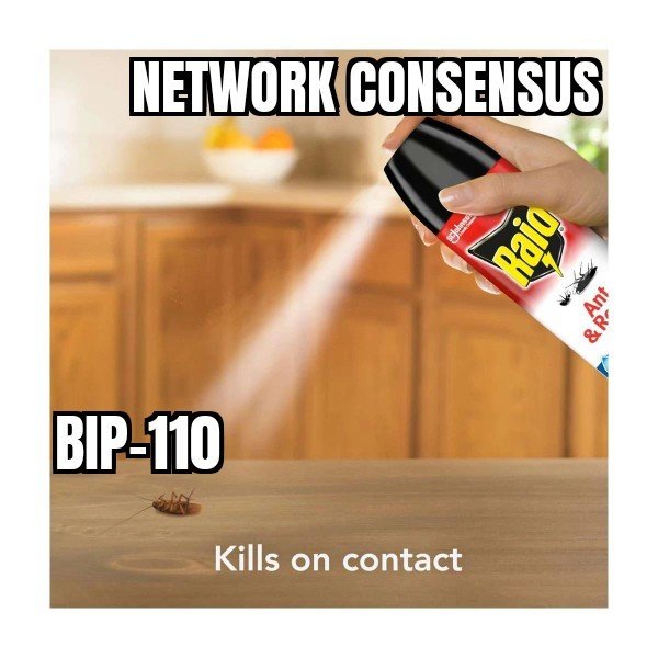 A meme-style image shows a can of Raid bug spray being used on a cockroach, captioned 'NETWORK CONSENSUS' and 'BIP-110' with 'Kills on contact' text, referencing Bitcoin Improvement Proposals.